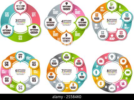 Various radial shapes and circles for business infographic. Progress process step circular, ring diagram model, vector illustration. Various radial shapes and circles for business infographic Stock Vector