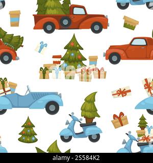 Merry Christmas winter holiday celebration and preparation seamless pattern isolated on white background. Car and scooter driving with presents vector. Pine decorated with balls and garlands. Merry Christmas winter holiday celebration and preparation seamless pattern isolated on white background. Stock Vector