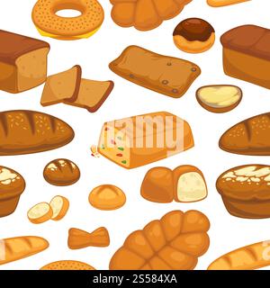 Bakery products buns and bread seamless pattern vector. Traditional baked meal, food made of wheat, organic nutritious loaves, slices and donut with chocolate topping. Culinary art and croissants. Bakery products buns and bread seamless pattern vector. Stock Vector