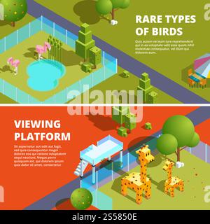 Horizontal banners with zoo and funny animals. Isometric 3d illustrations. Vector rare type bird and viewing platform banner. Horizontal banners with zoo and funny animals. Isometric 3d illustrations Stock Vector