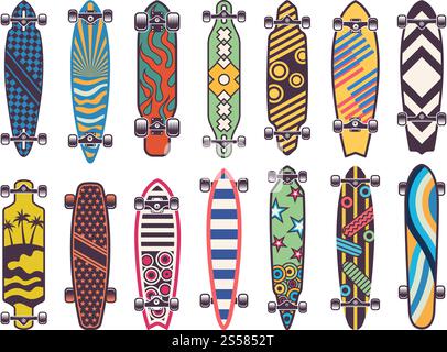 Vector colored illustrations on skateboards. Color skateboard and skate board for extreme sport. Vector colored illustrations on skateboards Stock Vector