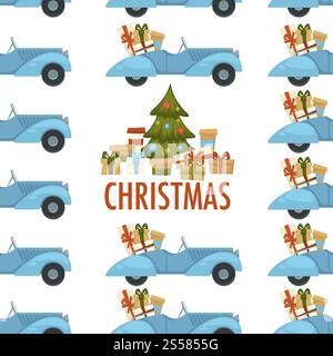 Merry Christmas winter holiday celebration and preparation seamless pattern isolated on white background. Car and scooter driving with presents vector. Pine decorated with balls and garlands. Merry Christmas winter holiday celebration and preparation seamless pattern isolated on white background. Stock Vector