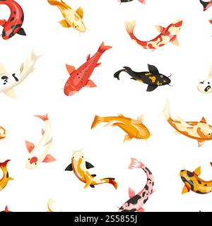 Fish exotic cold blooded animals seamless pattern vector. Different types of unique and rare creatures dwelling in water. Sea and ocean dwellers with fins, swimming fauna and wildlife undersea. Fish exotic cold blooded animals seamless pattern vector. Stock Vector