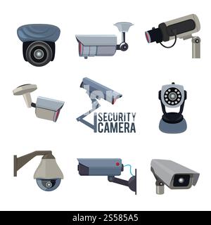 Various vector pictures of security cameras. Surveillance security camera, safety watching video guard illustration. Various vector pictures of security cameras Stock Vector