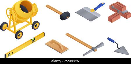 Masonry worker icons set. Isometric set of masonry worker vector icons for web design isolated on white background. Masonry worker icons set, isometric style Stock Vector