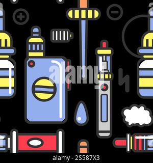 Vape devices and accessories with flavored steam seamless pattern. Alternative smoking tools and electronic cigarettes isolated cartoon vector illustration inside endless pattern on red background.. Vape devices and accessories with flavored steam seamless pattern. Stock Vector