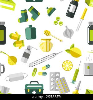 Medicine pills in blister and drops seamless pattern vector. Treatment methods and care, pipette and syringe for shots and injections. Health and medical care for patients. Tea and garlic vitamins. Medicine pills in blister and drops seamless pattern vector. Stock Vector