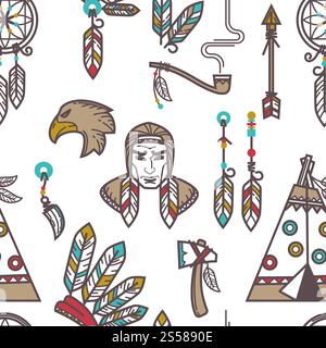 Native American Indians traditional culture symbols pattern background. Vector seamless design of Indigenous household and tribal icons wigwam hut, tomahawk weapon tools and smoking pipe. Native American Indians traditional culture symbols pattern background. Stock Vector
