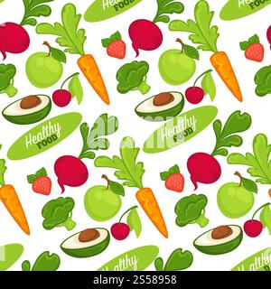 Food organic and healthy fruits and vegetables seamless pattern isolated on white background. Carrots and beetroots, strawberries and cherries, avocado and ripe apple, broccoli dieting products vector. Food organic and healthy fruits and vegetables seamless pattern Stock Vector