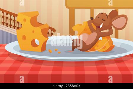Mouse sitting on the plate and eats cheese. Funny cartoon character. Rodent and piece of food, vector illustration. Mouse sitting on the plate and eats cheese. Funny cartoon character Stock Vector