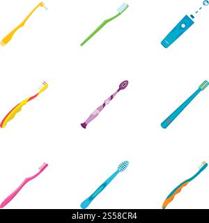 Toothbrush icon set. Flat set of 9 toothbrush vector icons for web design isolated on white background. Toothbrush icon set, flat style Stock Vector