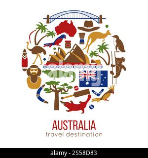 Set of Australia culture symbols. Collection icons kangaroo and koala, boomerang and surf, aborigine and landscape, bridge and Sydney Opera House. Vector australian travel and tourism illustrations.. Set of Australia culture symbols. Collection icons Stock Vector