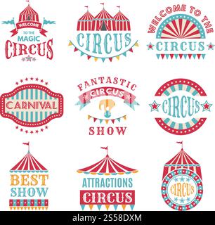 Retro badges or logotypes of carnival and circus. Entertainment and amusement basge. Vect5or illustration. Retro badges or logotypes of carnival and circus Stock Vector