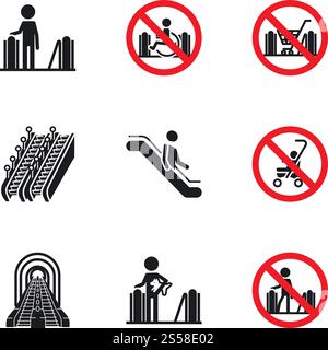 Escalator icon set. Simple set of 9 escalator vector icons for web design isolated on white background. Escalator icon set, simple style Stock Vector