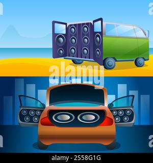 Car audio banner set. Cartoon illustration of car audio vector banner set for web design. Car audio banner set, cartoon style Stock Vector