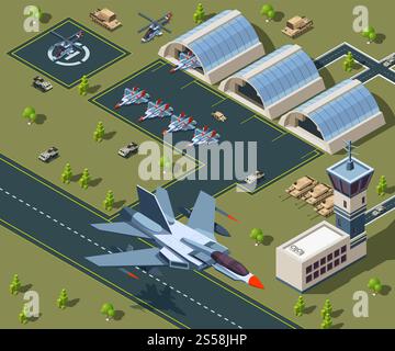 Military airport isometric. Low poly 3d of usa aircraft. Airplane on airbase, helicopter flight transportation. Vector illustration. Military airport isometric. Low poly 3d of usa aircraft Stock Vector