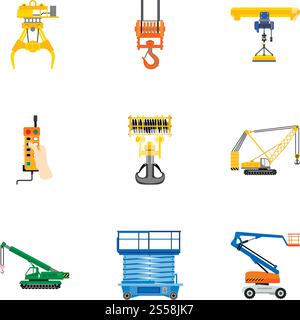 Lifting equipment icon set. Flat set of 9 lifting equipment vector icons for web design isolated on white background. Lifting equipment icon set, flat style Stock Vector