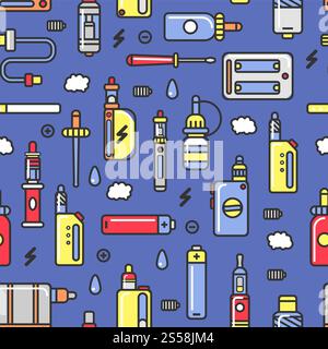 Vape devices and accessories with flavored steam seamless pattern. Alternative smoking tools and electronic cigarettes isolated cartoon vector illustration inside endless pattern on red background.. Vape devices and accessories with flavored steam seamless pattern. Stock Vector