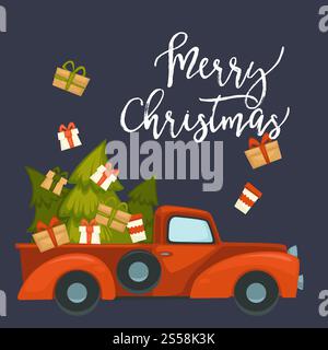 Merry Christmas preparation for winter holiday, symbolic items vector. Car with cabin, transporting presents and gifts in boxes decorated with bows and ribbons. Pine tree, evergreen fir in truck. Merry Christmas preparation for winter holiday, symbolic items vector Stock Vector