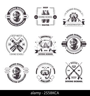 Diving school promo monochrome emblems with equipment to explore bottom. Special masks with tubes, big rubber flippers and underwater weapon on logotypes isolated cartoon vector illustrations set.. Diving school promo monochrome emblems with equipment set Stock Vector