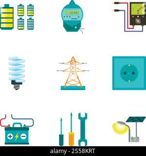 City electric icon set. Flat set of 9 city electric vector icons for web design isolated on white background. City electric icon set, flat style Stock Vector