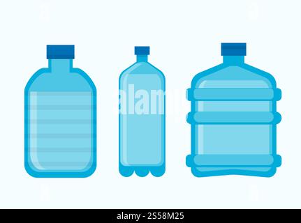 Plastic bottles different shapes. Vector isolated icons of empty transparent containers with lids for water, juice or soda drinks and liquids. Plastic bottles empty with lids vector icons Stock Vector