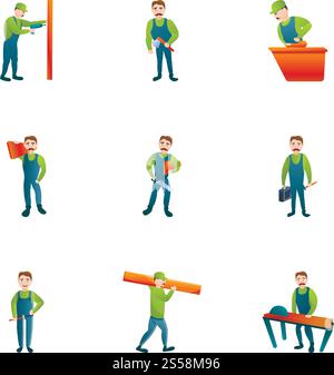 Lumberjack icon set. Cartoon set of 9 lumberjack vector icons for web design isolated on white background. Lumberjack icon set, cartoon style Stock Vector