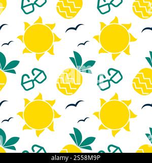 Summer seamless pattern with bright sun and pineapple. Glasses and birds in endless texture. Seasonal ornament in yellow and green colors cartoon flat vector illustration on white background.. Summer seamless pattern with bright sun and pineapple Stock Vector