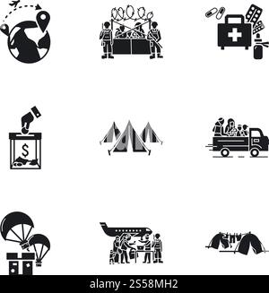 Refugees process icon set. Simple set of 9 refugees process vector icons for web design isolated on white background. Refugees process icon set, simple style Stock Vector