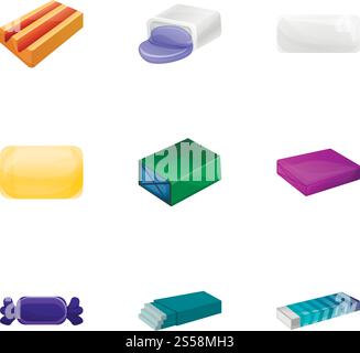 Bubble gum icon set. Cartoon set of 9 bubble gum vector icons for web design isolated on white background. Bubble gum icon set, cartoon style Stock Vector