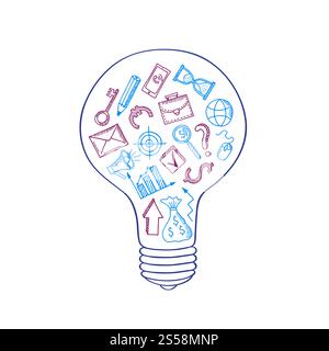 Vector business doodle icons in lightbulb concept illustration. Light idea drawing bulb, invention and inspiration brainstorm. Vector business doodle icons in lightbulb concept illustration Stock Vector