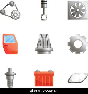 Car parts icon set. Cartoon set of 9 car parts vector icons for web design isolated on white background. Car parts icon set, cartoon style Stock Vector