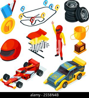 Sport racing symbols. Isometric pictures of racing cars and formula 1 symbols. Vector sport speed race competition illustration. Sport racing symbols. Isometric pictures of racing cars and formula 1 symbols Stock Vector