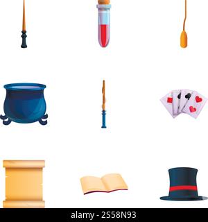 Magic wand icon set. Cartoon set of 9 magic wand vector icons for web design isolated on white background. Magic wand icon set, cartoon style Stock Vector
