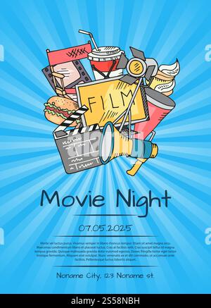 Vector cinema doodle icons poster for movie night or festival on sunrays bacgkround illustration. Vector cinema icons poster for movie night or festival Stock Vector