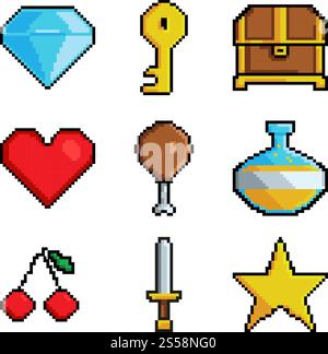 Pixel graphic game objects. 8 bit style pictures for various games. Vector sword and chest, cherry and potion illustration. Pixel graphic game objects. 8 bit style pictures for various games Stock Vector