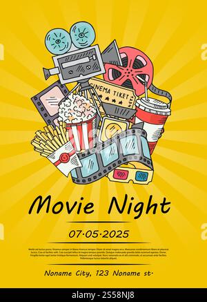 Vector cinema doodle icons poster for movie night or festival on sunrays bacgkround illustration. Ticket to multimedia, camera and popcorn. Vector cinema doodle icons poster for movie night or festival on sunrays bacgkround illustration Stock Vector