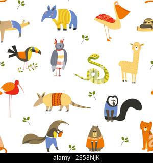 Funny animals wearing knitted sweaters and clothes seamless pattern isolated on white vector. Toucan and lion, llama and monkey, exotic mammal reading book and wearing glasses. Sloth on branch. Funny animals wearing knitted sweaters and clothes seamless pattern isolated on white vector. Stock Vector