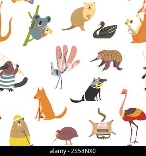 Exotic animals, koala with baby sitting on bamboo branch seamless pattern isolated on white. Fox and wolf wildlife mammals with fur, flamingo and bear vector. Black swan bird and kangaroo with balloons. Exotic animals, koala with baby sitting on bamboo branch Stock Vector