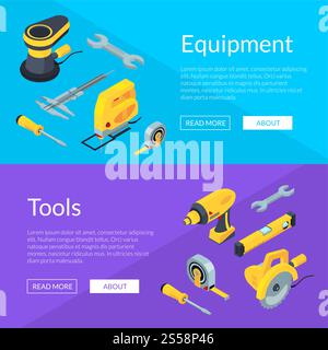 Vector construction tools isometric icons horizontal web banners and poster illustration. Vector construction tools isometric icons horizontal web banners illustration Stock Vector