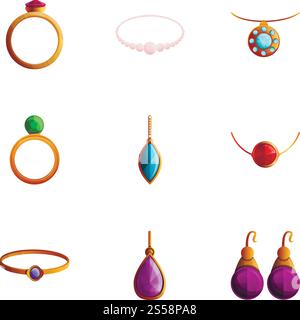 Jewelry icon set. Cartoon set of 9 jewelry vector icons for web design isolated on white background. Jewelry icon set, cartoon style Stock Vector