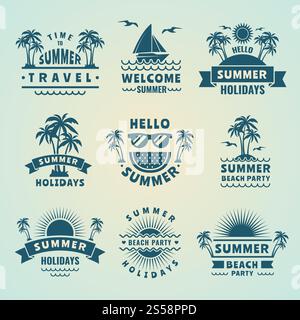 Summer labels. Vector illustrations of tropical logos and badges. Beach party sea, vacation and holiday. Summer labels. Vector illustrations of tropical logos and badges Stock Vector