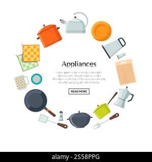 Cooking and kitchen concept. Vector kitchen utensils flat icons in circle form with place for text in center illustration. Cooking and kitchen concept. Vector kitchen utensils flat icons Stock Vector