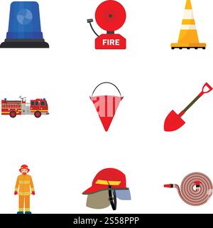 Firefighter tools icon set. Flat set of 9 firefighter tools vector icons for web design isolated on white background. Firefighter tools icon set, flat style Stock Vector