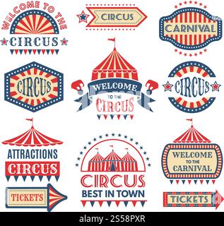 Carnival event logotypes template. Vector badges set isolate. Illustration of circus event, banner and emblem amusement. Carnival event logotypes template. Vector badges set isolate Stock Vector