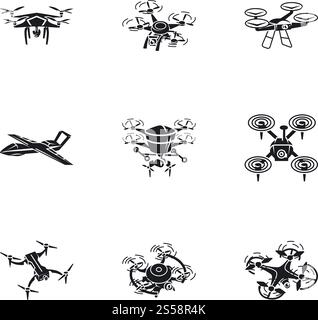 Flying drone icon set. Simple set of 9 flying drone vector icons for ...