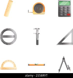Architect tools icon set. Cartoon set of 9 architect tools vector icons for web design isolated on white background. Architect tools icon set, cartoon style Stock Vector
