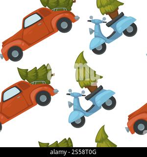 Merry Christmas winter holiday celebration and preparation seamless pattern isolated on white background. Car and scooter driving with presents vector. Pine decorated with balls and garlands. Merry Christmas winter holiday celebration and preparation seamless pattern isolated on white background. Stock Vector