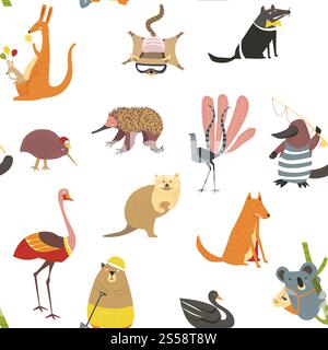 Exotic animals, koala with baby sitting on bamboo branch seamless pattern isolated on white. Fox and wolf wildlife mammals with fur, flamingo and bear vector. Black swan bird and kangaroo with balloons. Exotic animals, koala with baby sitting on bamboo branch seamless pattern isolated on white. Stock Vector