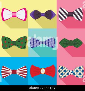 Colorful bow tie icon set. Flat set of 9 colorful bow tie vector icons for web design isolated on white background. Colorful bow tie icon set, flat style Stock Vector